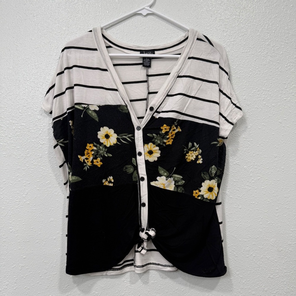 Justify Womens Striped Floral Button Front Tie Waist Tunic Top Size M‎